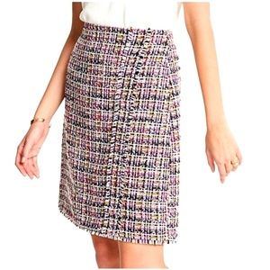 New ANN TAYLOR Skirt TWEED pencil Faux wrap Pink Fringe hem Knee length